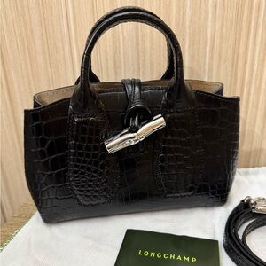 Longchamp Roseau Black Croc Embossed Top Handle Crossbody Bag